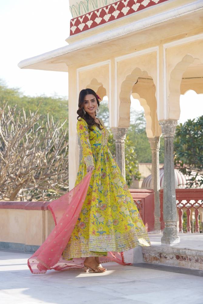 KA 1087 Russian Silk Embroidery Printed Wedding Gown Dupatta Wholesalers In Delhi
